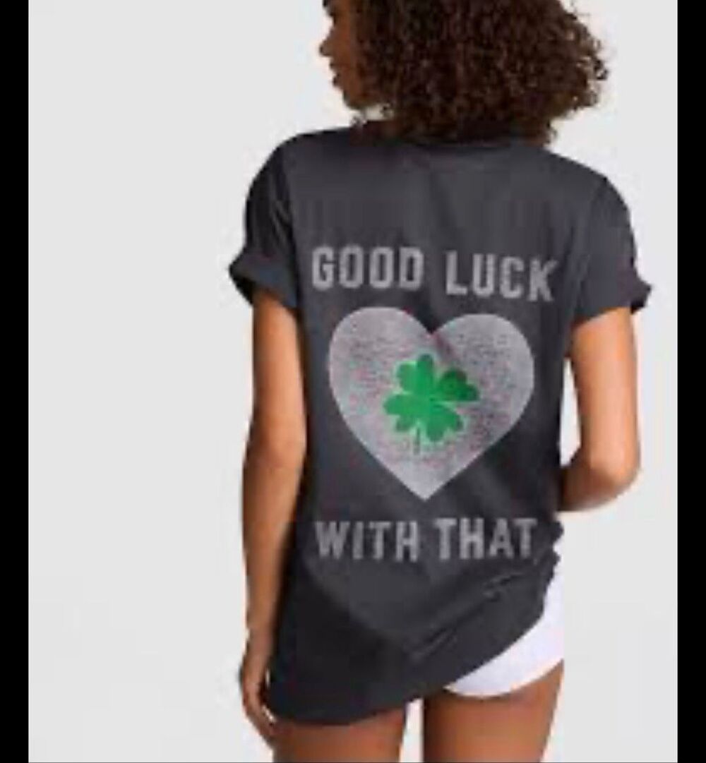 VS Pink st Patrick’s Irish good luck with that tee t shirt top shamrock heart L